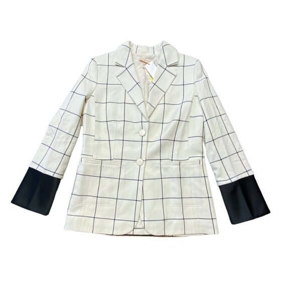Tory Burch Sz 6 Blazer Holt Windowpane 2 Button Ivory Black Wool New 3/4 Sleeve - Picture 4 of 9